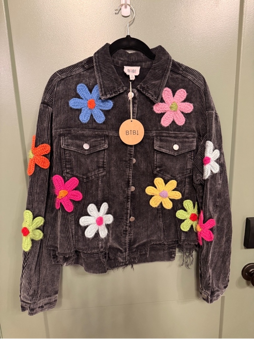 152 BiBi Black Corduroy Jacket with Multicolor Crochet Flower Appliqués